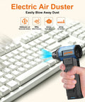 Electric Air Duster With Two Replaceable Batteries, 3 Gear Adjustable High Power Mini Blower cleaning a keyboard
