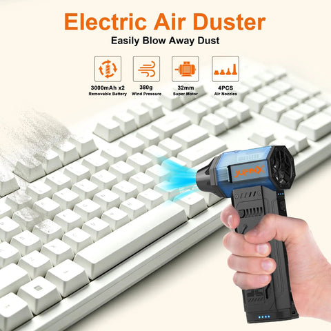 Electric Air Duster With Two Replaceable Batteries, 3 Gear Adjustable High Power Mini Blower cleaning a keyboard