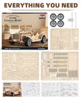 3D Wooden Puzzle Car Model Kit for Adults, Vintage Pull Back Car Build Set With 65 Parts, Easy 1 to 2 Hour Assembly, Classic Retro Auto Design for Hobbyists and Collectors with wood pieces, wheels, and manual