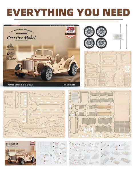 3D Wooden Puzzle Car Model Kit for Adults, Vintage Pull Back Car Build Set With 65 Parts, Easy 1 to 2 Hour Assembly, Classic Retro Auto Design for Hobbyists and Collectors with wood pieces, wheels, and manual