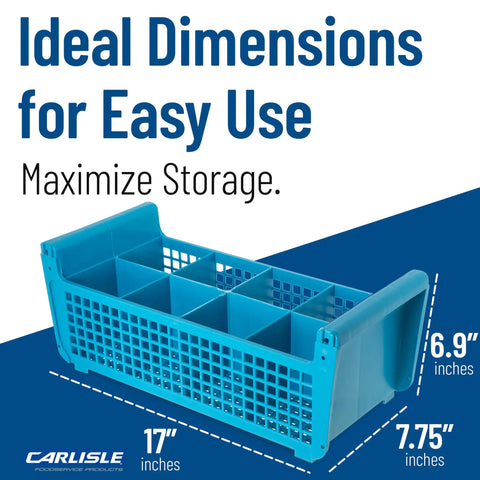 Blue Perma-Sil Polypropylene Flatware Basket For Commercial Kitchens, 8-compartment dishwasher rack organizer with dimensions