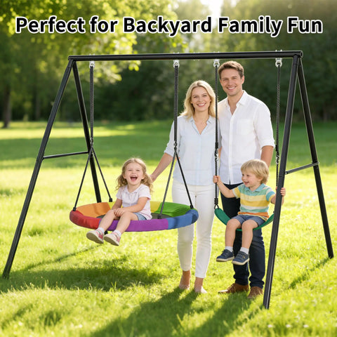 Family enjoying Heavy Duty Swing Set Frame With Stand For Backyard Fun 440 Lb Capacity 3 In 1 Swing Set in green lawn