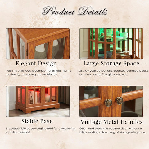 Product details of 32 Inch LED Accent Curio Cabinet with Seven Color Lights, showing elegant design, large storage, stable base, vintage handles