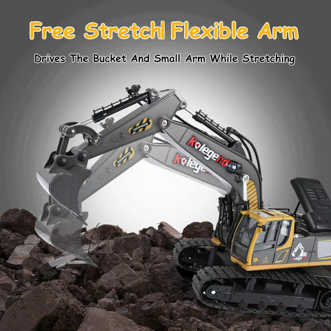 11 Channel Remote Control Excavator Toy For Boys With Lights And Dual Batteries Included showing flexible arm in rocky terrain.