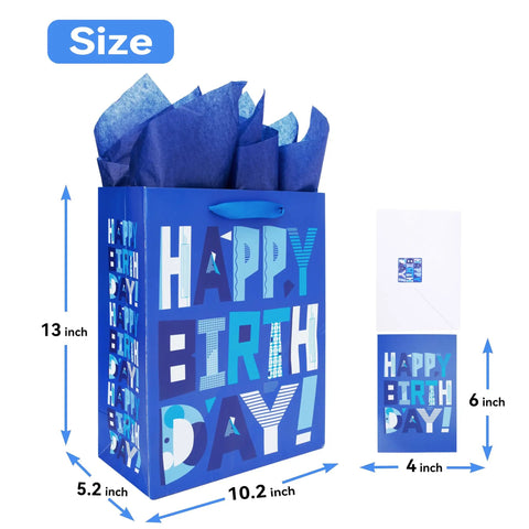 Blue Large Gift Bags Set With Greeting Card And Tissue Paper For Birthday Bash Parties 13 Inch Size Ideal For Men Dads Grandpas Boys Baby Boy Gift Wrapping Kit