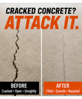 Before and after image of concrete cracks repaired with Fast Cure Urethane Concrete Crack Repair Kit For Driveways Garages And Patios Heavy Duty Two Part Mix That Sets Quick And Stays Tough As Nails For A Dead Sure Patch Job You Can Count On Daily.