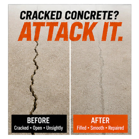 Before and after image of concrete cracks repaired with Fast Cure Urethane Concrete Crack Repair Kit For Driveways Garages And Patios Heavy Duty Two Part Mix That Sets Quick And Stays Tough As Nails For A Dead Sure Patch Job You Can Count On Daily.