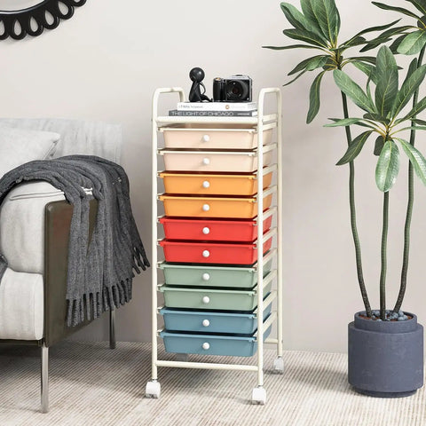 Rolling Utility Cart With Ten Drawers, Lockable Wheels, Easy Grab Handles, in living room setting with plant and sofa.