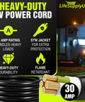 30 Foot 50 Amp RV Extension Cord With 4 Prong 14-50P And Twist Lock SS2-50R coiled next to RV illustration, heavy-duty features