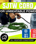 Person using 75 Foot Outdoor Indoor Extension Cord With Three Outlet 12 3 Gauge Heavy Duty ETL Listed Waterproof Flexible SJTW Power Cord 125V 1875W 15A Cold Resistant Long Green in snow.