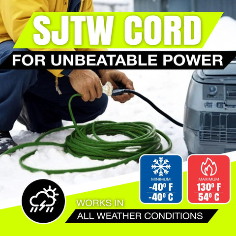 Person using 75 Foot Outdoor Indoor Extension Cord With Three Outlet 12 3 Gauge Heavy Duty ETL Listed Waterproof Flexible SJTW Power Cord 125V 1875W 15A Cold Resistant Long Green in snow.