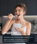A woman enjoying nugget ice from a bowl with a spoon, showcasing countertop nugget ice maker with touchless dispenser 40 lbs daily output.