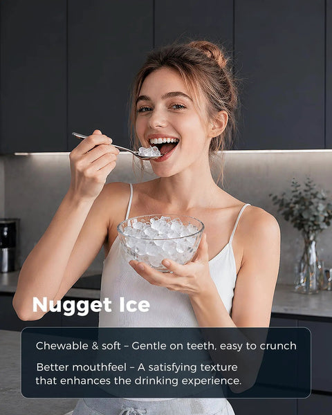 A woman enjoying nugget ice from a bowl with a spoon, showcasing countertop nugget ice maker with touchless dispenser 40 lbs daily output.