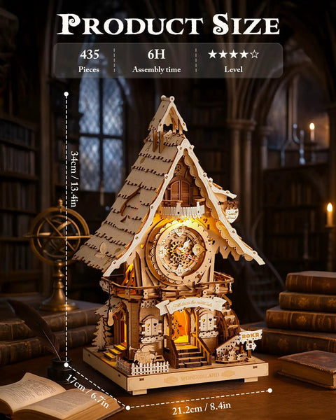 3D Wooden Cuckoo Clock Puzzle Kit For Adults And Teens 435 Piece Model, 34cm tall on desk