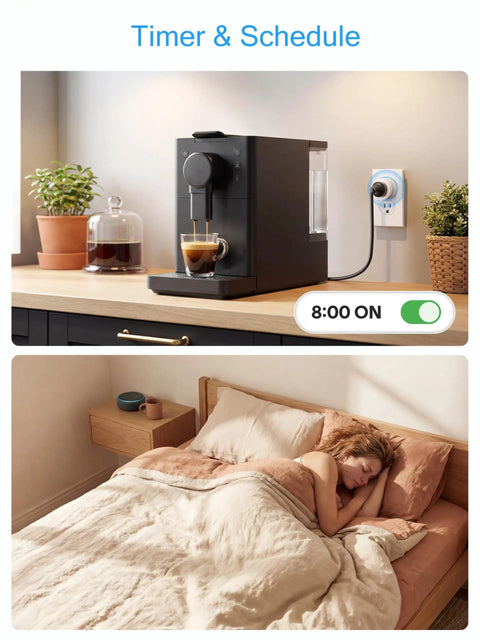 High Power 15A Smart Plug With Bluetooth And WiFi for beefy load appliances, showing timer on coffee maker and remote control setup.