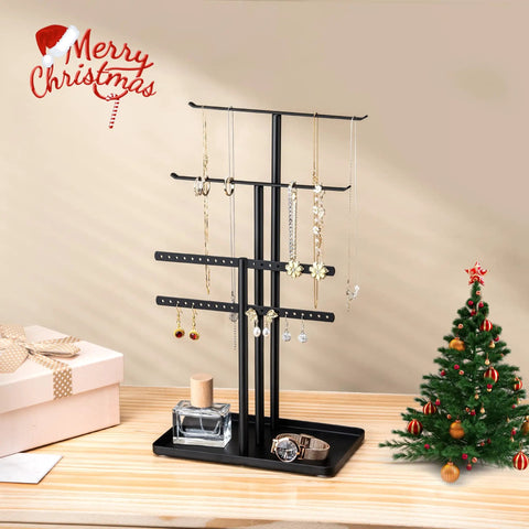 Black Jewelry Stand Organizer 14.5 Inch Tiered Display Tower With 3 Tiers And 4 Bars displaying necklaces and earrings
