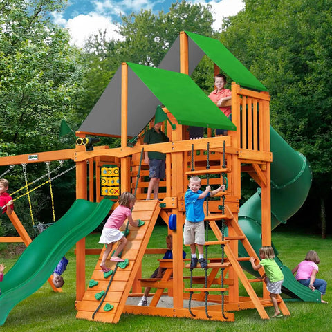Children playing on a wooden structure with a 52 by 90 inch swing set replacement tarp, green canopy cover, in a backyard.