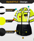 Women Class 3 High Visibility Safety Vest Featuring Cinched Elastic Waist Four Roomy Utility Pockets Snug Contour Tailored Hustle Ready Workday Essential design with reflective tape and black front panel.