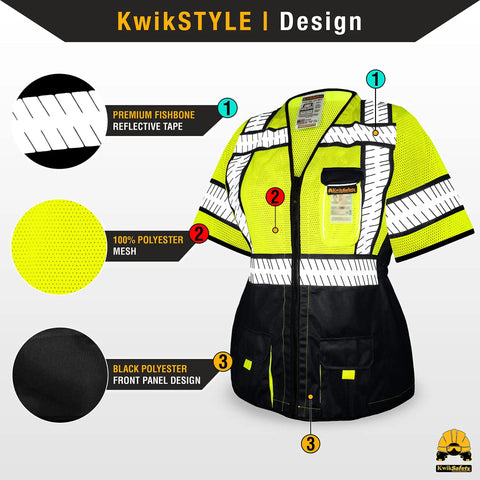Women Class 3 High Visibility Safety Vest Featuring Cinched Elastic Waist Four Roomy Utility Pockets Snug Contour Tailored Hustle Ready Workday Essential design with reflective tape and black front panel.