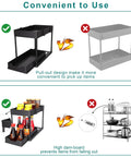Heavy Duty Black Under Sink Organizer 2 Pack comparison image showing pull-out design and high dam-board for convenient storage.