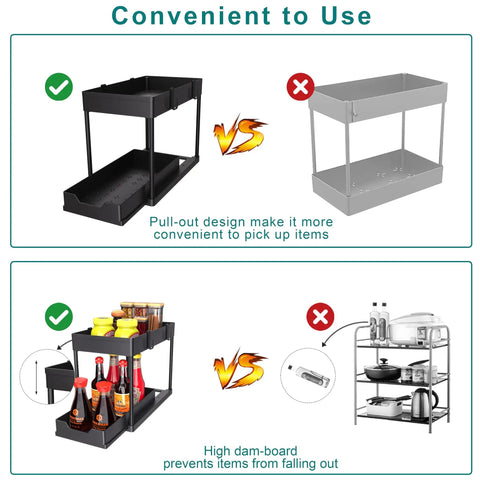 Heavy Duty Black Under Sink Organizer 2 Pack comparison image showing pull-out design and high dam-board for convenient storage.