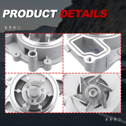 Heavy Duty Engine Water Pump With Gasket Built Tough For Chevy Impala Malibu Equinox Buick LaCrosse close-up view of aluminum body and design features.
