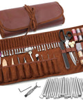 Front view of brown leather roll toolkit with metal leatherworking tools and storage bag.
