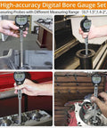 Neoteck digital dial bore gauge set with 0.7-6 in range and 6 in depth; handheld measuring tool with 23 anvils