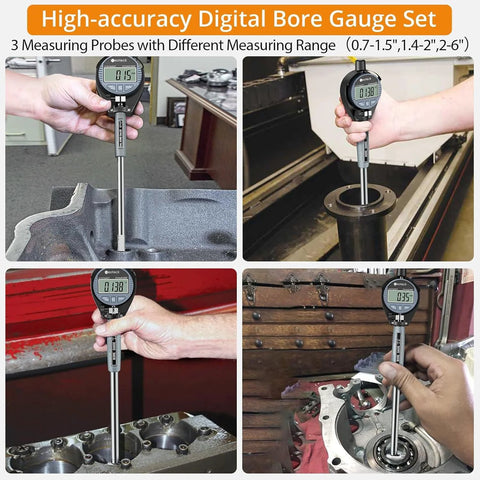 Neoteck digital dial bore gauge set with 0.7-6 in range and 6 in depth; handheld measuring tool with 23 anvils