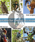 Collage showing uses of Adjustable Tree Climbing Spikes Set For Safe Climbing, Fruit Picking, And Hunting in various activities.