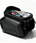 Super Cool Water-Resistant Bike Phone Mount Bag For Happy E-Bike Offroad Mtb With Hd Touch Screen Window To Navigate And Handle Calls On The G. black e-bike handlebar bag with hard shell and clear phone window, front angle