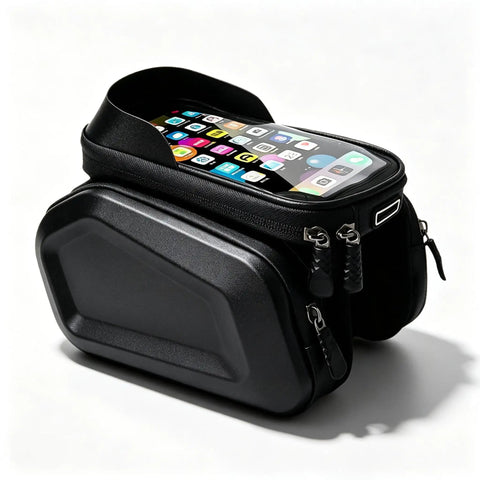 Super Cool Water-Resistant Bike Phone Mount Bag For Happy E-Bike Offroad Mtb With Hd Touch Screen Window To Navigate And Handle Calls On The G. black e-bike handlebar bag with hard shell and clear phone window, front angle