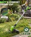 Cordless 21V Weed Wacker And Lawn Edger 9000 RPM Power 12 Inch Cutting Width in garden, safety lock feature shown