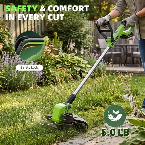 Cordless 21V Weed Wacker And Lawn Edger 9000 RPM Power 12 Inch Cutting Width in garden, safety lock feature shown