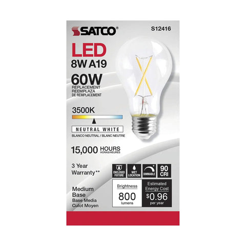 Dimmable LED Filament Bulbs S12416 810 Lumens 8W A19 E26 Medium Base 3500K Neutral White 90 CRI Wet Location Rated 120V