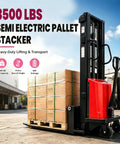 Heavy Duty Semi-Electric Pallet Stacker 3500 Lbs Capacity, 1.6Kw Motor Walkie Forklift with loaded pallets in warehouse.