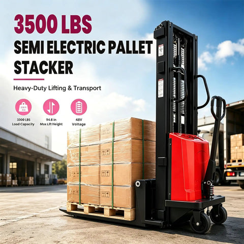 Heavy Duty Semi-Electric Pallet Stacker 3500 Lbs Capacity, 1.6Kw Motor Walkie Forklift with loaded pallets in warehouse.