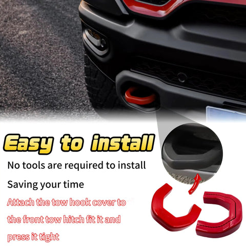 RAM 1500 Tow Hook Covers Red Silicone Rubber Upgrade Front Tow Hook Protector For 2019 To 2025 Models attached to truck