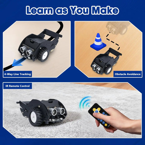 SharkBot Smart Car Kit With Offline Voice Control ESP32 Coding Robot For Kids Age 8 To 12 Supports Arduino ACECode And Classroom Home Education Gift For Boys And Girls Totally Kid Friendly With I2C Ports Servo Extensions And RGB Lights, black robot car with line tracking and IR remote