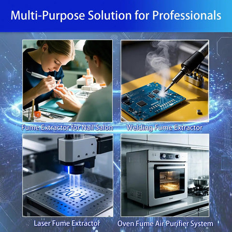 Collage of fume extractors in use for nail salon, welding, laser cutting, and oven air purification.