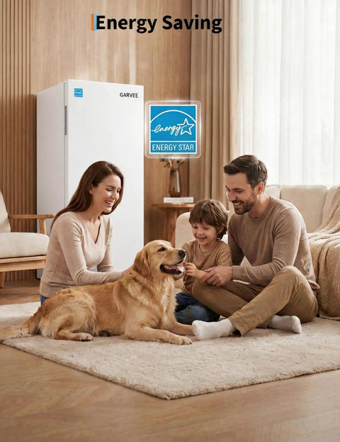 Family enjoying time together with a golden retriever near a Space Saving 11 Cu Ft Convertible Upright Freezer.