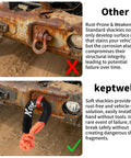 Comparison of rusted metal shackle vs. Beefy Heavy Duty Soft Shackle With UHMWPE Tow Connector Half Inch By Twenty Two Inches.