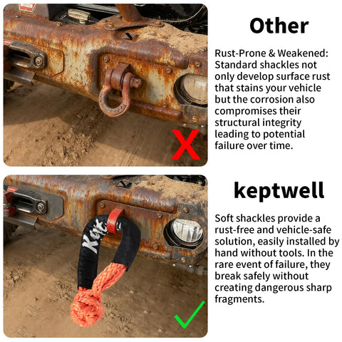 Comparison of rusted metal shackle vs. Beefy Heavy Duty Soft Shackle With UHMWPE Tow Connector Half Inch By Twenty Two Inches.