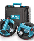 SEESII Heavy Duty Suction Cups For Glass And Tile Lifting Rated At 550 Pounds with pressure gauge and carrying case.