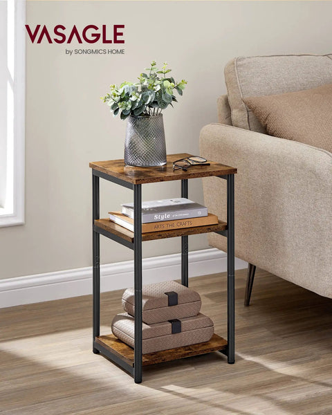 End Table Side Table For Living Room, Modern Tall Nightstand With Steel Frame, Rustic Brown And Ink Black Finish beside sofa