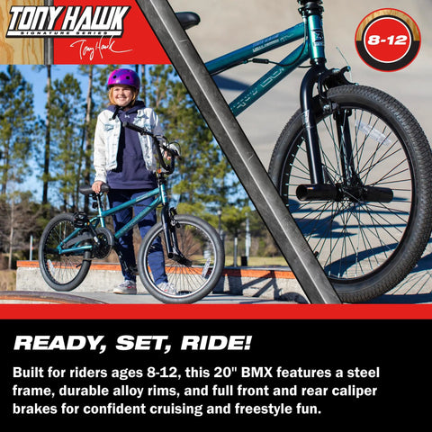Young rider with Tony Hawk 720 20 Inch BMX Bike Built For Speed And Durability, Sturdy Frame, Easy To Assemble, at skate park