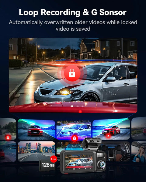 Elite 4K Dash Cam With 3 Channel Front 4K, Rear 2.5K And Cabin 1080P, screen showing loop recording feature and crash detection.