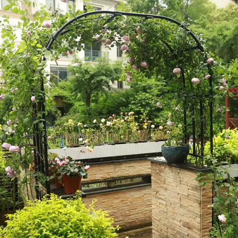 Beefy Garden Arch Trellis For Climbing Plants Outdoor 126 Inch Long 94.5 Inch High 15.8 Inch Wide Durable Galvanized Steel With Weatherproof Coating Perfect Lawn Decor For Weddings Parties And Ceremonies adorned with plants