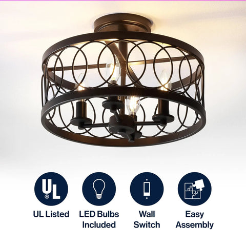 Oil Rubbed Bronze 15.5 Inch 4-Light LED Metal Semi Flush Mount Ceiling Light With Sleek Metal Fretwork Shade For Bedroom Entryway Hallway Dimmable Fixture Includes Energy Saving LED Bulbs with fretwork shade and LED bulbs