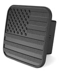 Heavy Duty Black Flag Hitch Receiver Cap For 2 Inch Tow Hitch - No Pin Required, angled view of the textured flag design